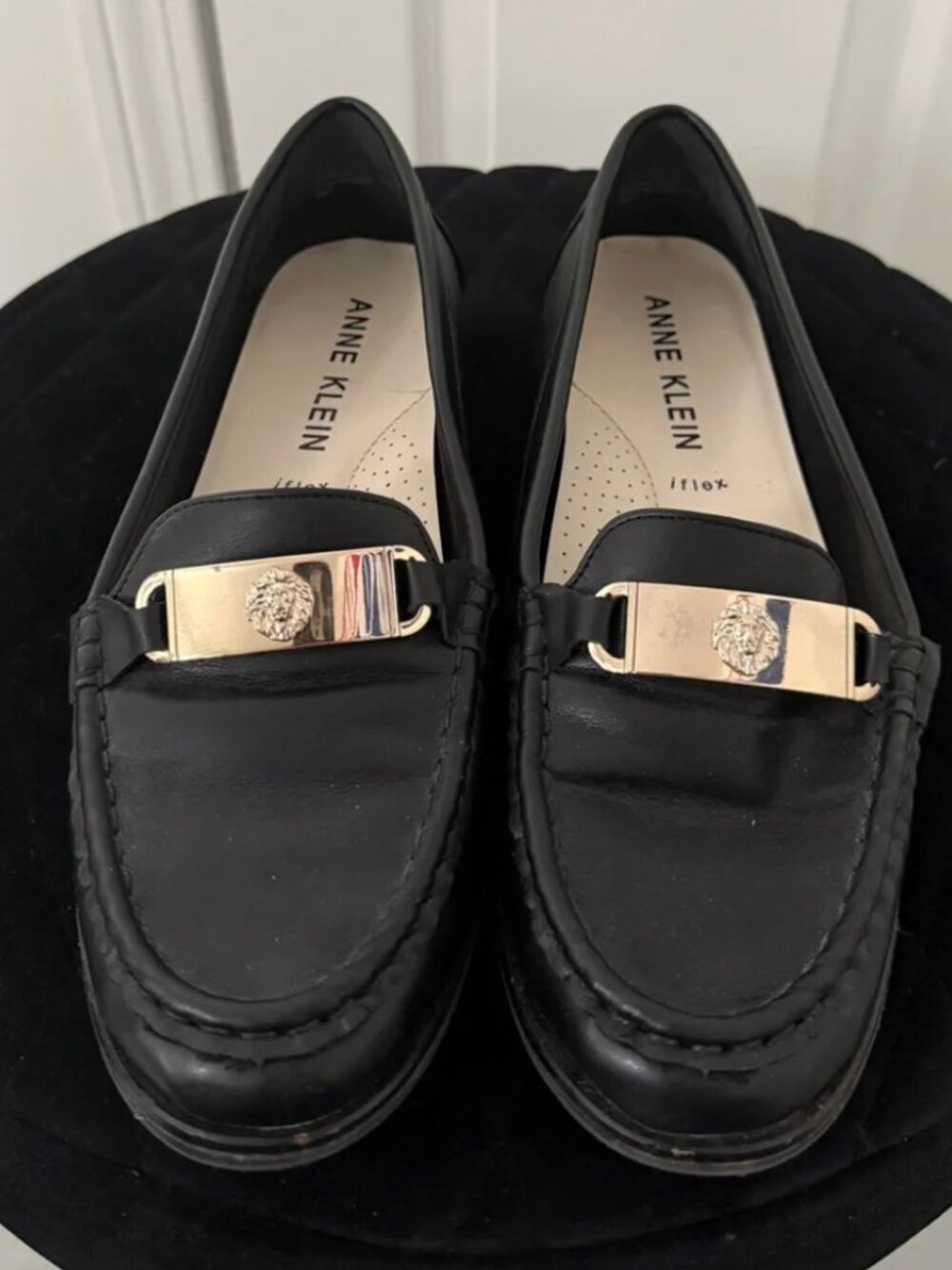 Anne Klein Loafers Black Gold Hardware Slip-On Flats